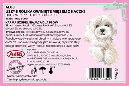 AL68 MIĘKKIE USZY KRÓLIKA OWINIĘTE MIĘSEM Z KACZKI 500G