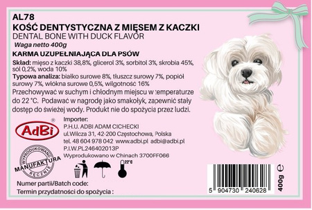 AL78 KOŚĆ DENTYSTYCZNA Z MIĘSEM Z KACZKI 400G